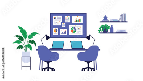 Empty modern office workspace featuring desks with laptops and a project board filled with business data and charts.