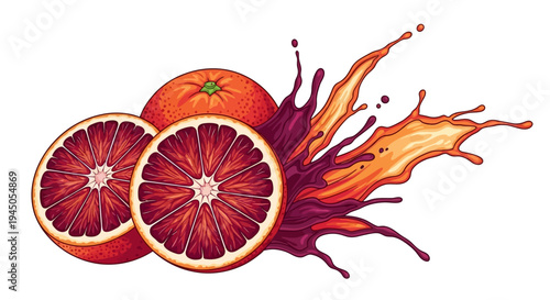 Juicy blood oranges sliced and squeezed with a vibrant splash of juice