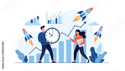 Business team using effective time management and strategy to launch their startup success represented by rising graphs and rockets.