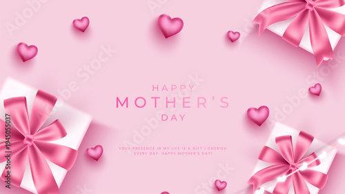 Happy Mothers Day Greeting Cards. Mothers Day wish gift box wrapped with pink ribbon heart shapes and decorative lights representing celebration love and appreciation for mothers