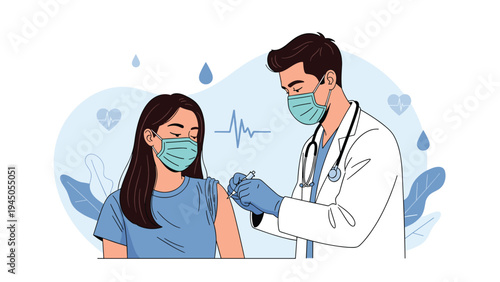 Male doctor wearing protective mask and medical gear administering a vaccine to a female patient in a healthcare clinic.