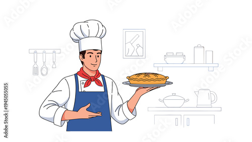 Happy pastry chef in traditional uniform proudly presenting a freshly baked golden pie in a professional bakery kitchen.