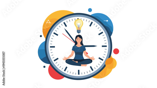 Young woman practicing mindfulness and meditation to manage her time and stress effectively during a busy workday.