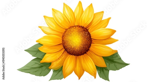 Vibrant Watercolor Sunflower with Green Leaves Isolated on White Background.
