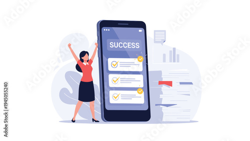 Successful businesswoman celebrating her completed tasks next to a large smartphone screen showing a checklist.