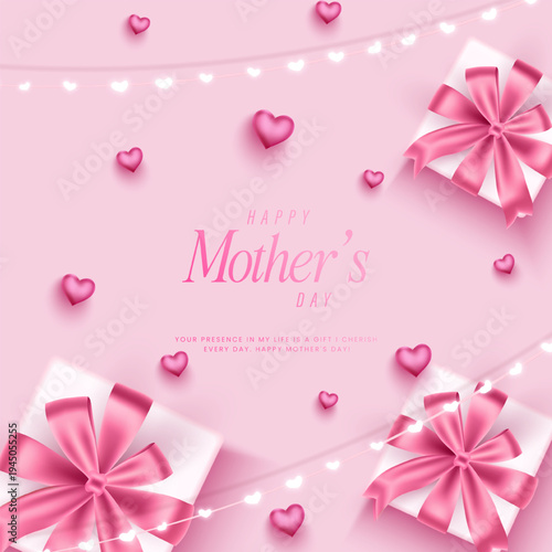 Happy Mothers Day Greeting Cards. Mothers Day wish gift box wrapped with pink ribbon heart shapes and decorative lights representing celebration love and appreciation for mothers
