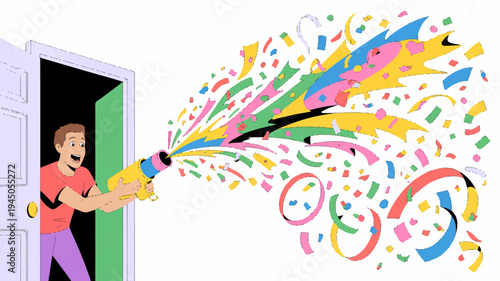 Man spraying colorful confetti and streamers from a party popper celebrating a special occasion with joyful surprise