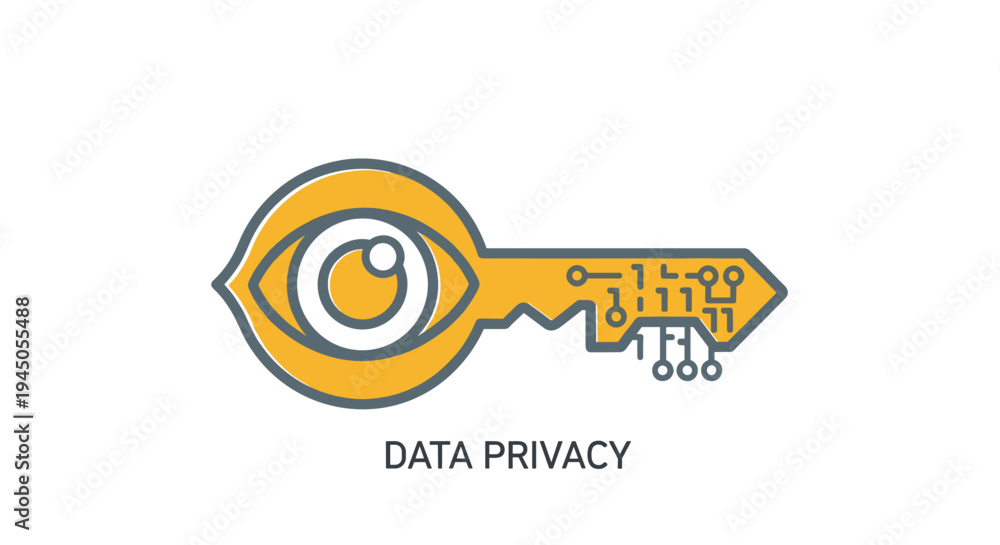 Obraz premium A stylized yellow key with an eye symbol and circuit board patterns is positioned centrally on a bright white background with text.