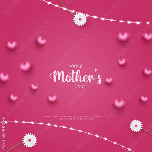 Happy Mothers Day Greeting Cards. Mothers Day wish gift box wrapped with pink ribbon heart shapes and decorative lights representing celebration love and appreciation for mothers