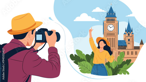 Professional photographer using a digital camera to take a portrait of a woman traveling in London near Big Ben.