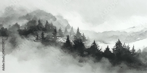 A majestic mountain peak rises above a dense forest through a mystical layer of winter mist and swirling clouds under a dramatic sky