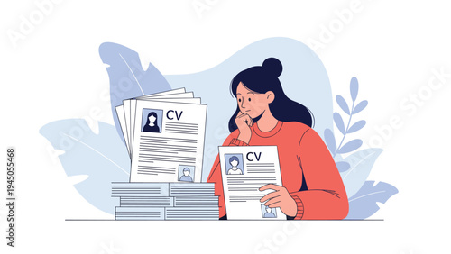 Human resources professional carefully reviewing multiple resume applications to find the best candidate for a job.