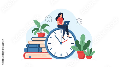 Focused young woman working on her laptop while sitting on top of a giant clock to represent effective time management.