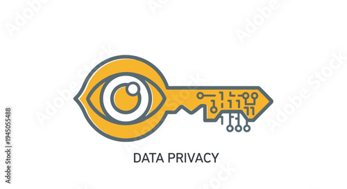 A stylized yellow key with an eye symbol and circuit board patterns is positioned centrally on a bright white background with text.