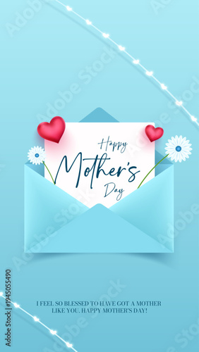 Happy Mothers Day Greeting Cards. Mothers Day wish gift box wrapped with pink ribbon heart shapes and decorative lights representing celebration love and appreciation for mothers