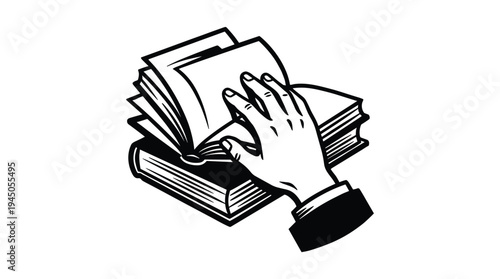 Hand turning pages of open book in hand drawn vintage woodcut engraving style