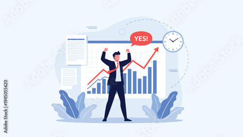 Enthusiastic businessman celebrating financial growth and success in front of a large statistical bar graph chart.