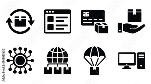 Set of 8 delivery and logistics icons on transparent background