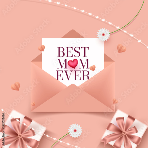 Happy Mothers Day Greeting Cards. Mothers Day wish gift box wrapped with pink ribbon heart shapes and decorative lights representing celebration love and appreciation for mothers