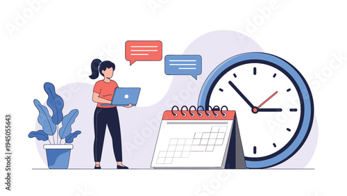 Productive woman working on a laptop while managing her schedule with a giant clock and desktop calendar nearby.