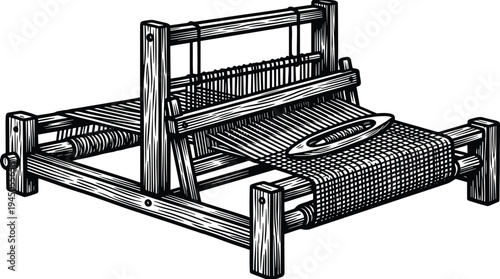 Vintage wooden handloom with shuttle and warp threads, traditional weaving machine