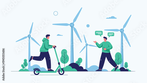 Two young men discussing green energy and sustainability while standing near large wind turbines in a rural field.