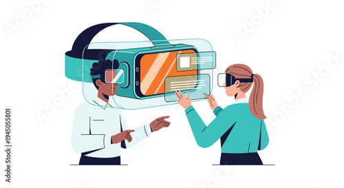 Two diverse individuals wearing virtual reality headsets are interacting with floating digital interfaces in a simulated environment.