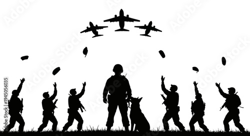 Military Paratroopers and Dog Jump from Airplanes, Silhouette