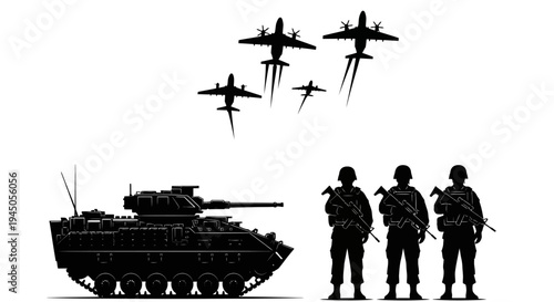 Military Power: Tank, Soldiers, and Fighter Jets Silhouette
