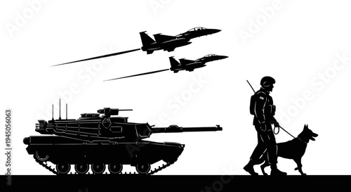 Military Power: Fighter Jets, Tank, Soldier, and Dog Silhouette
