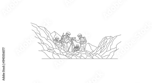 Military reconnaissance team in mountainous terrain, using surveying equipment