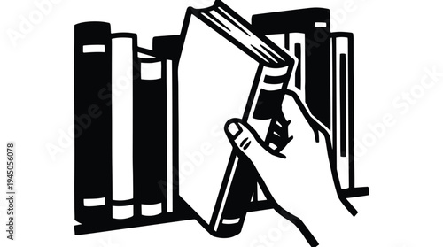 Hand reaching for book on library shelf vector illustration in black and white