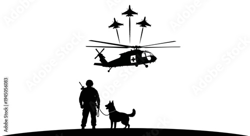 Military Rescue Team: Soldier, Dog, Helicopter, and Jets