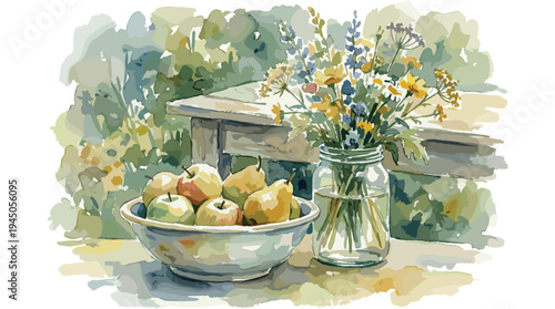 Still life with apples and pears in bowl and flowers in glass jar