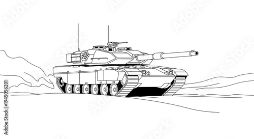 Modern Military Tank Driving in Desert Landscape, Dynamic Action Shot, Military Vehicle Illustration