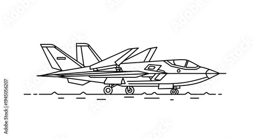 Modern Fighter Jet on Runway, Military Aircraft Line Art, Aviation Icon