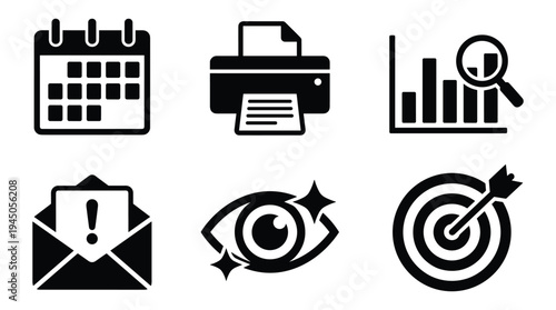 Business office icons including calendar printer target and data analysis chart