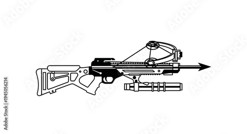 Modern Tactical Crossbow with Scope and Arrow - Black and White Line Art