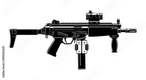 Modern Submachine Gun with Red Dot Sight and Collapsible Stock - Black and White Illustration