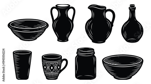 Pottery and ceramic vessels set including jars bowls mugs and decorative vases