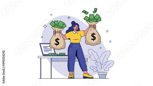 Happy successful businesswoman holding large bags of money to represent financial wealth and business prosperity.
