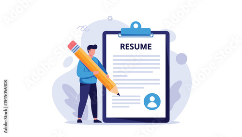 Young man using a giant pencil to fill out a large resume document for a job application or career development.