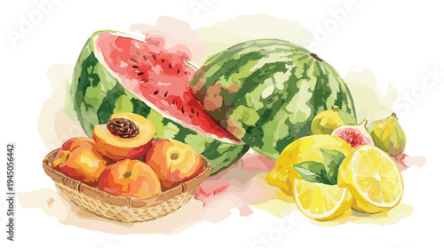 Summer fruit medley with watermelon peaches figs and lemons watercolor painting