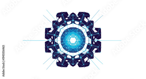 A intricate dark blue geometric structure with numerous interconnected facets encircles a bright glowing light blue sphere on a pristine white surface.