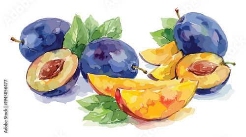 Slices of ripe plums and whole fruits with green leaves in watercolor technique
