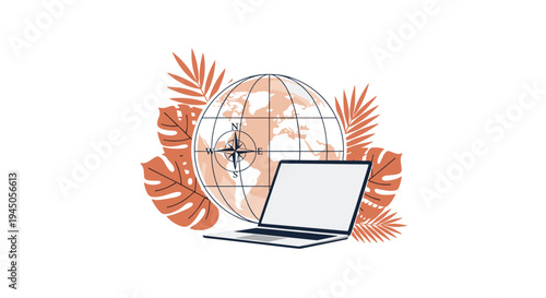 A silver laptop sits before a translucent globe with a compass and grid lines, surrounded by rust-colored tropical leaves on a clean white surface.