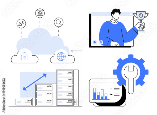 Cloud icons connected to storage servers and security symbols, tools representing IT solutions, bar chart analytics, and a trophy for success. Ideal for IT, cloud, security, data, analytics