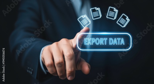 Plakat Export Data Concept: Man Interacting with Digital Interface for Information Transfer and Data Management