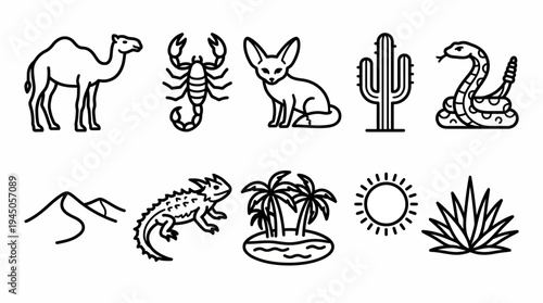 Desert silhouette icon set with camel, scorpion, canid silhouette, cactus, snake, lizard, hedgehog, porcupine, oasis palm island, sun, and desert vegetation in black line art.