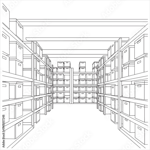 Vector illustration of warehouse storage room with shelves and boxes